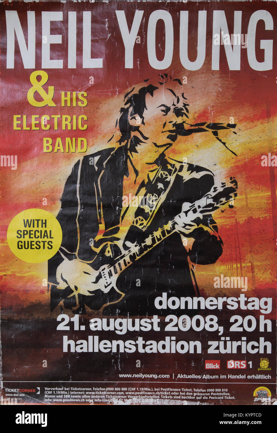 Neil Young & seiner elektrischen Band, Zürich. Musical Konzert Poster Stockfoto