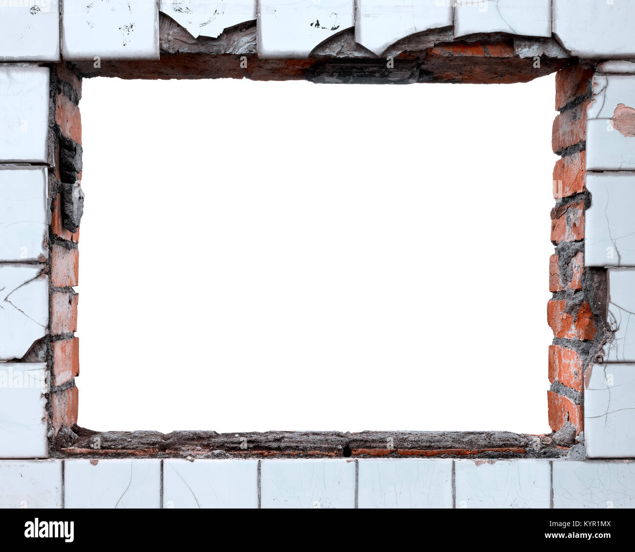 Fenster Rahmen einer zerbrochenen Fliesen Wand Stockfoto