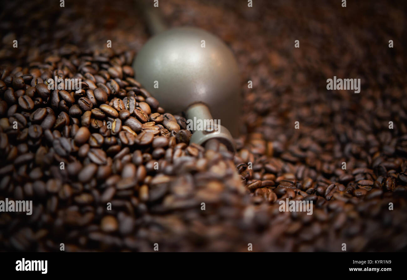 Frisch geröstete Kaffeebohnen in Röstmaschine Stockfoto
