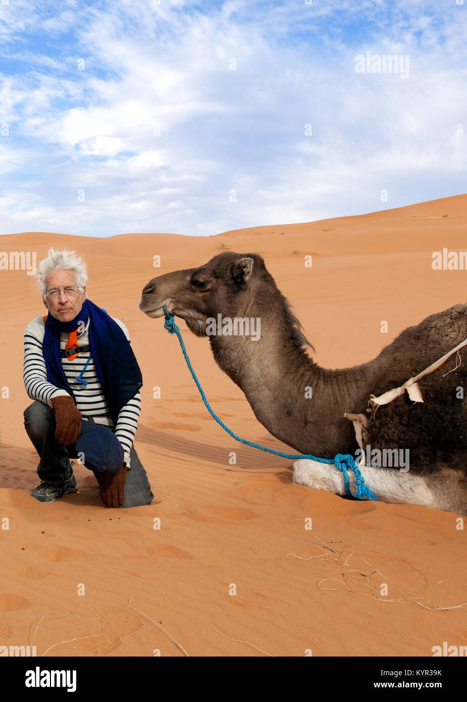 Älterer Mann auf ein Abenteuer Reisen Reise nach Marokko. Auf dem Sand mit einem Kamel in der Wüste Sahara dargestellt. Thema aktiven Ruhestand. Stockfoto