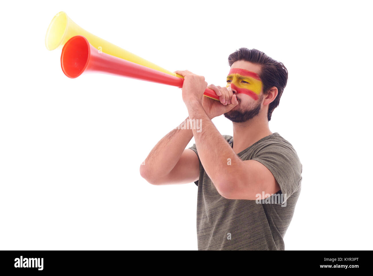 Spanische Fußball-Lüfter bläst eine Vuvuzela Stockfoto