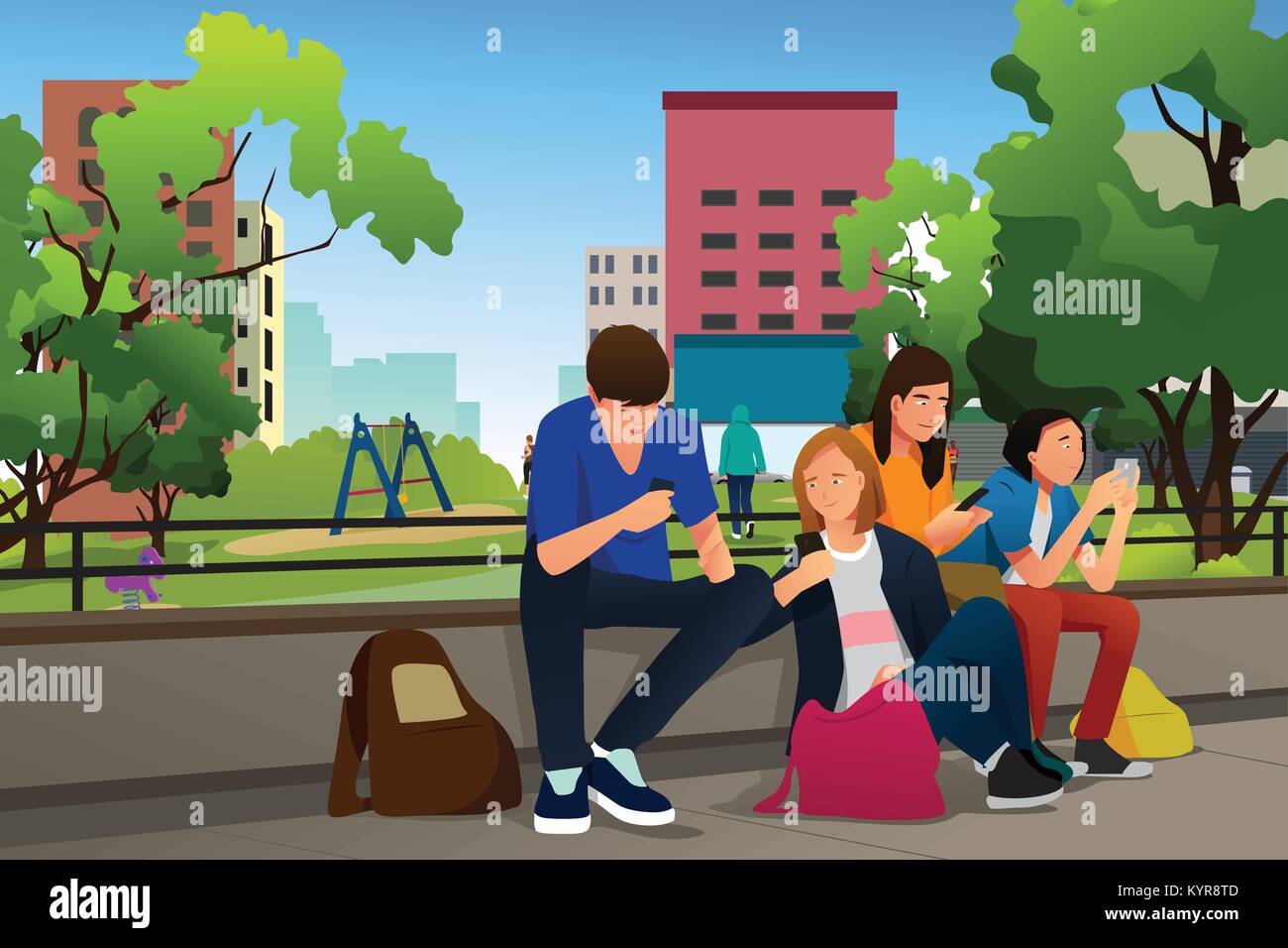Ein Vektor Illustration von Jugendlichen über ihre Telefone im Freien Stock Vektor