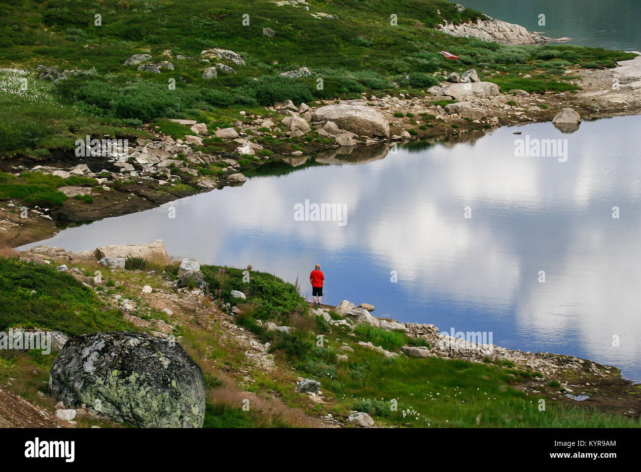 Norwegischer Mann mit roten Polo Top und Shorts an am See stehen in Sogn und Fjordane Gebiet im westlichen Teil von Norwegen Stockfoto