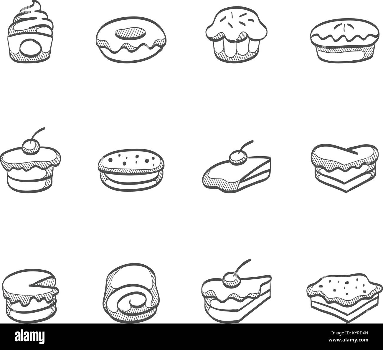 Kuchen Symbole in der Skizze. Stock Vektor