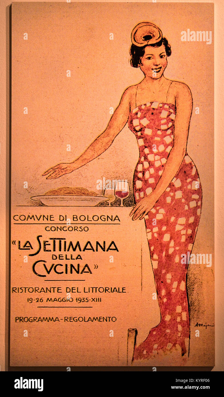 Italien Emilia Romagna Bologna FICO Eataly Welt Bologna-Konsortium Mortadella Bologna IGP-a Mortadella containd ispirated Kleid in der Anzeige von Augusto Majani Stockfoto