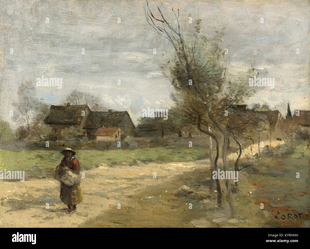 Camille Corot - Paysanne Sur Une Route En Vue d ' un village Stockfoto Camille Corot - Paysanne Sur Une Route En Vue d ' un village Stockfoto