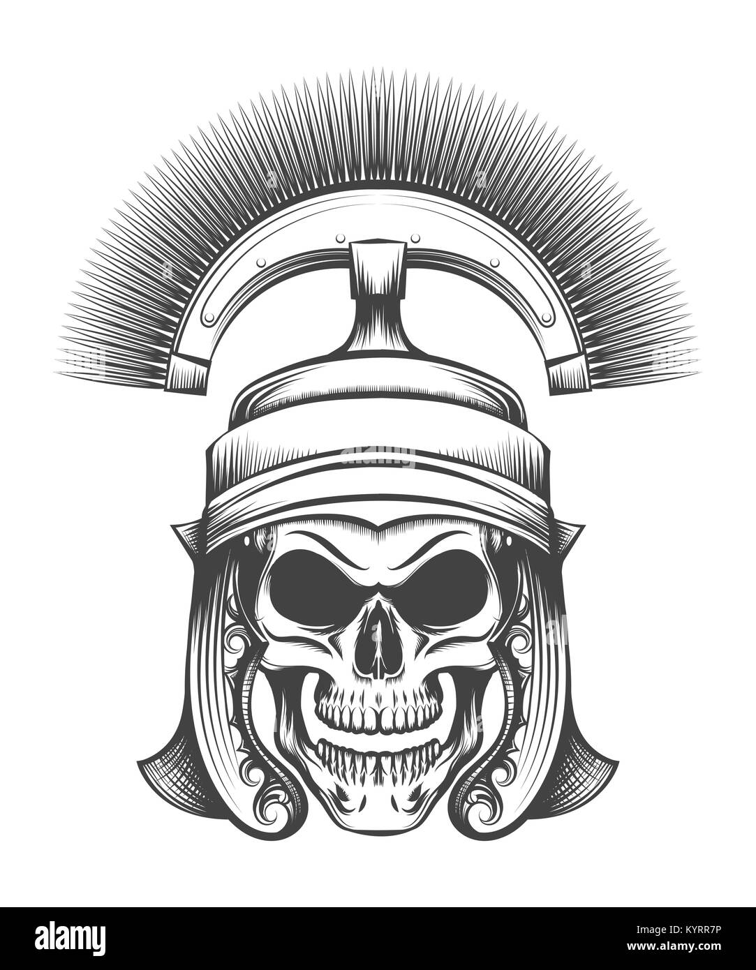 Menschlicher Schädel im alten Hauptmann Helm in Gravur Stil gezeichnet. Vector Illustration Stock Vektor