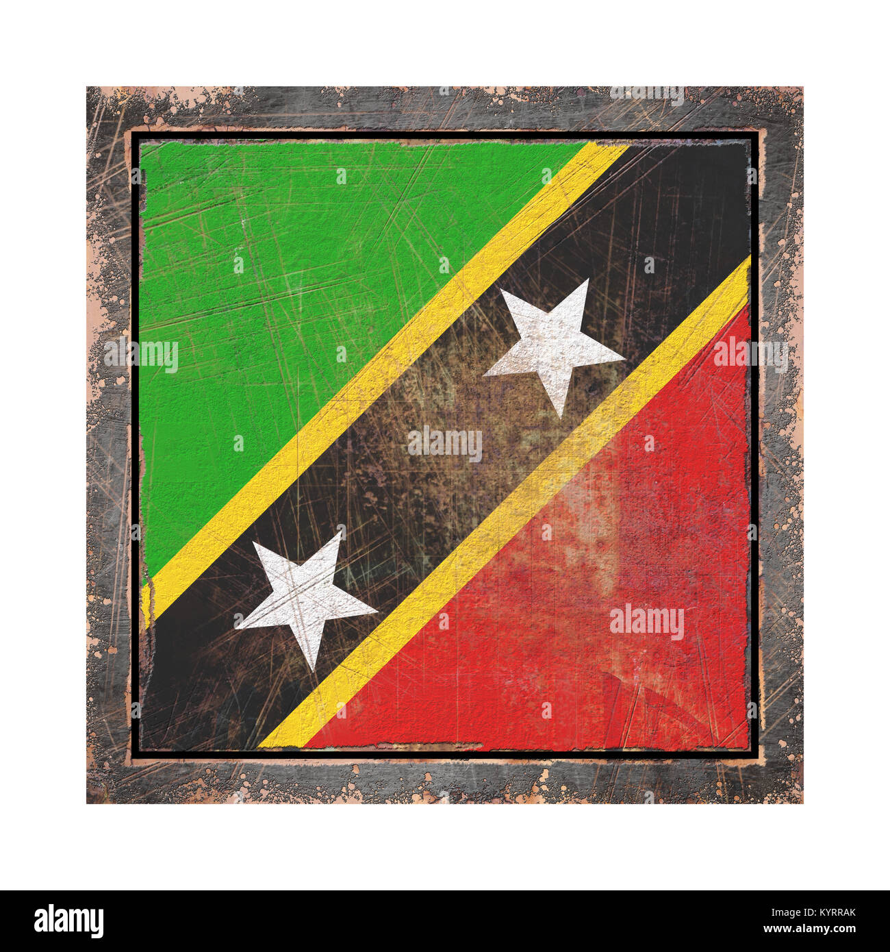 3D-Rendering für eine Saint Christopher und Nevis Flagge über eine rostige Metallplatte in einer alten Rahmen. Auf weissem Hintergrund. Stockfoto