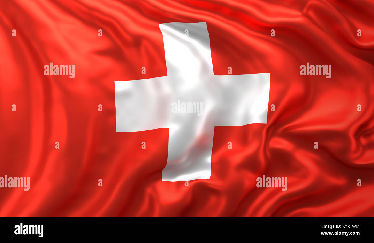Flagge der Schweiz weht im Wind. 3D-Darstellung Stockfoto