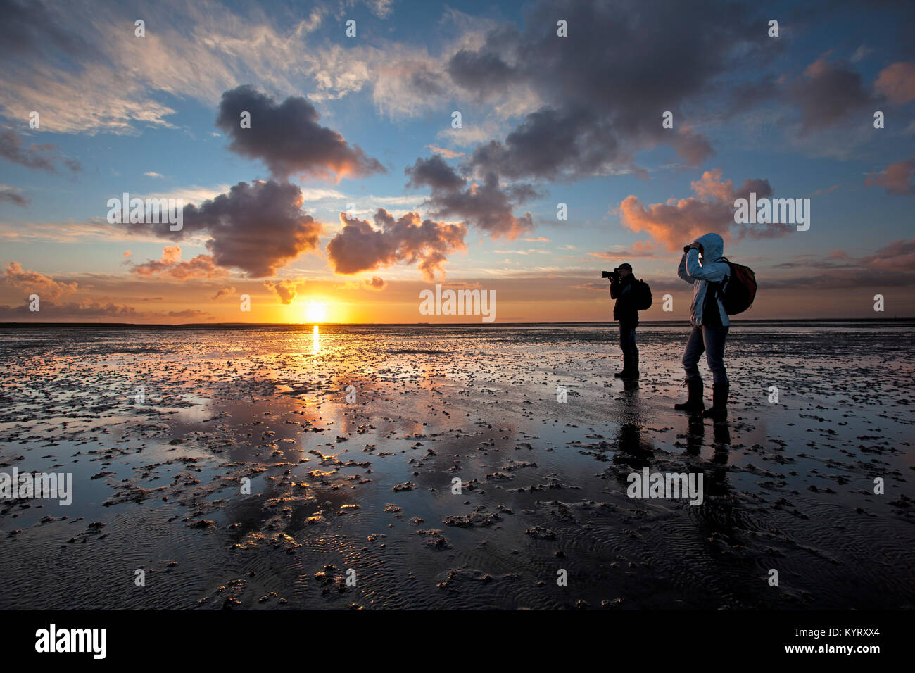Die Niederlande Ameland, Ballum, Insel, vom Wattenmeer die Inseln. Unesco-Weltkulturerbe. Paar, Mann und Frau, Wandern am Wattenmeer. Sun Stockfoto