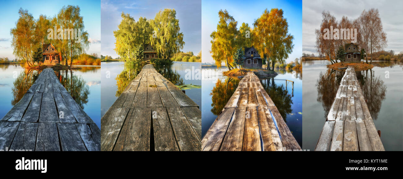 Vier Jahreszeiten. Hütte auf einer kleinen Insel. Fluss Stockfoto