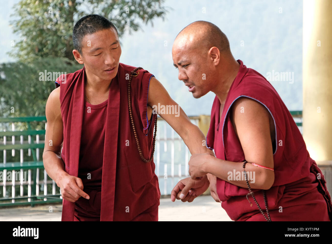 Tibetische buddhistische Mönche debattieren mit jedem anderen auf dem Gelände der Tibetischen Regierung im Exil, Dharamshala, Indien Stockfoto