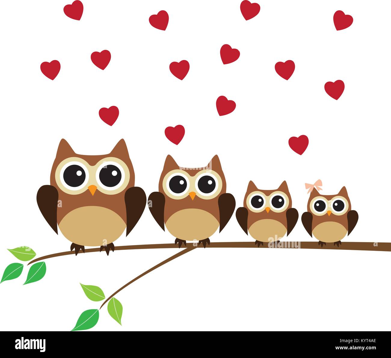 Vector Illustration von Owl Familie im Baum mit roten Herzen. Stock Vektor