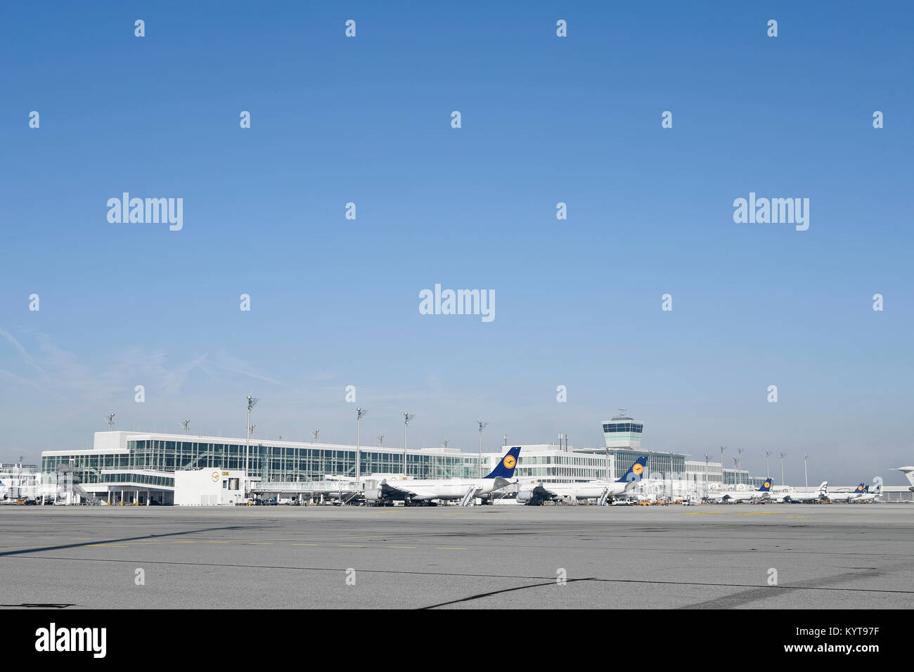 Lufthansa, Linie, Aufstellung, diverse Airlines, Parkstellung, Clearance, Sat-Gebäude, Terminal 2, Flugzeug, Flughafen München, Stockfoto