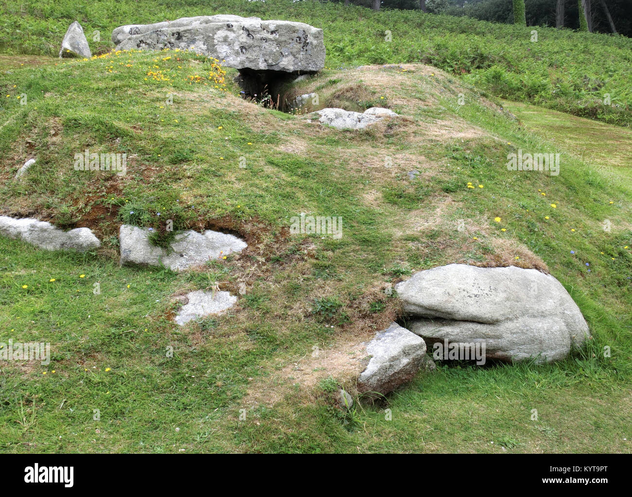 Untere Innisidgen Bronzezeit Grabkammer oder Eingang Grab, Porth Hellick, St Mary's. Isles of Scilly, Cornwall, England, Großbritannien im Sommer Stockfoto