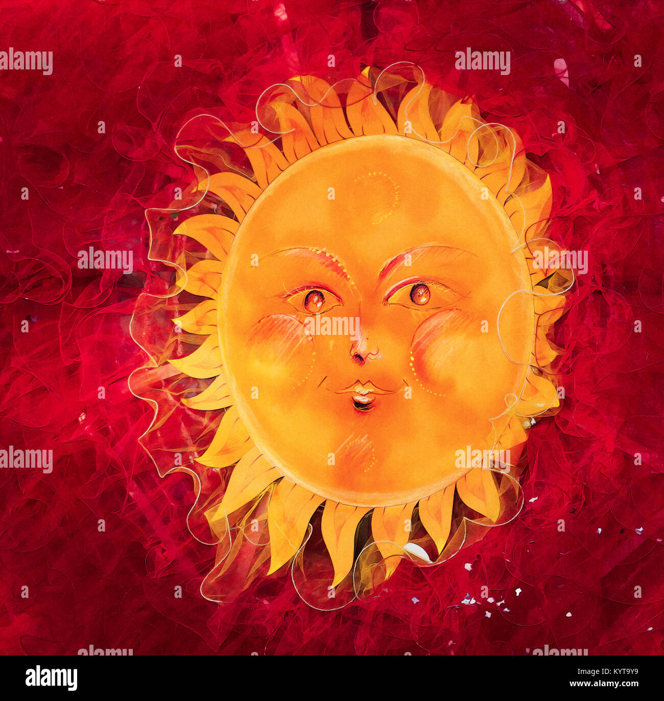 Digitale Illustration. Ein chubby Sonne auf einem roten und verschleierten Hintergrund gemalt. Stockfoto