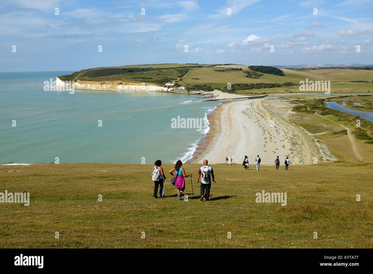 Blick nach Westen entlang der Küste von Haven Braue auf der South Downs, Cuckmere Haven, Sieben Schwestern Country Park, East Sussex, England, UK. Stockfoto
