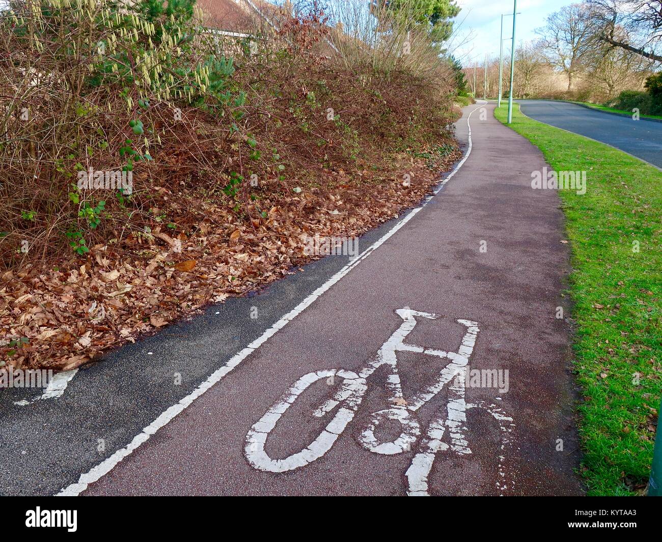 Gärten, die zugelassen wurden, außer Kontrolle jetzt Auslöschung der Fußgänger-Seite der Fahrbahn zu erhalten. Kesgrave, Suffolk, Großbritannien. Stockfoto