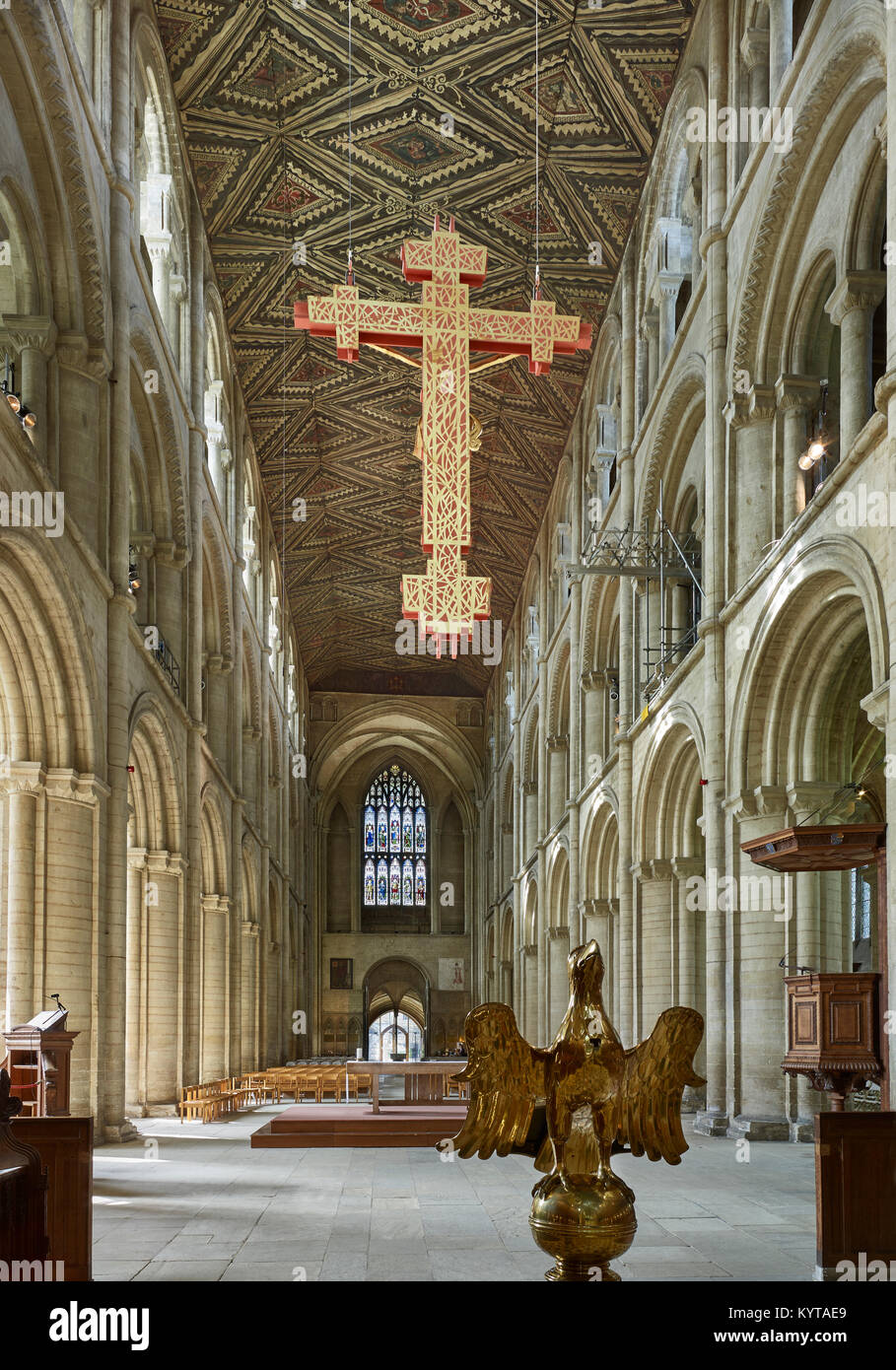 Die Kathedrale von Peterborough. Das kirchenschiff, meistens spät Norman, 12. Jahrhundert. Die bemalte Holzdecke ist Mitte des 13. Jahrhunderts. Blick vom Hochaltar suchen Stockfoto