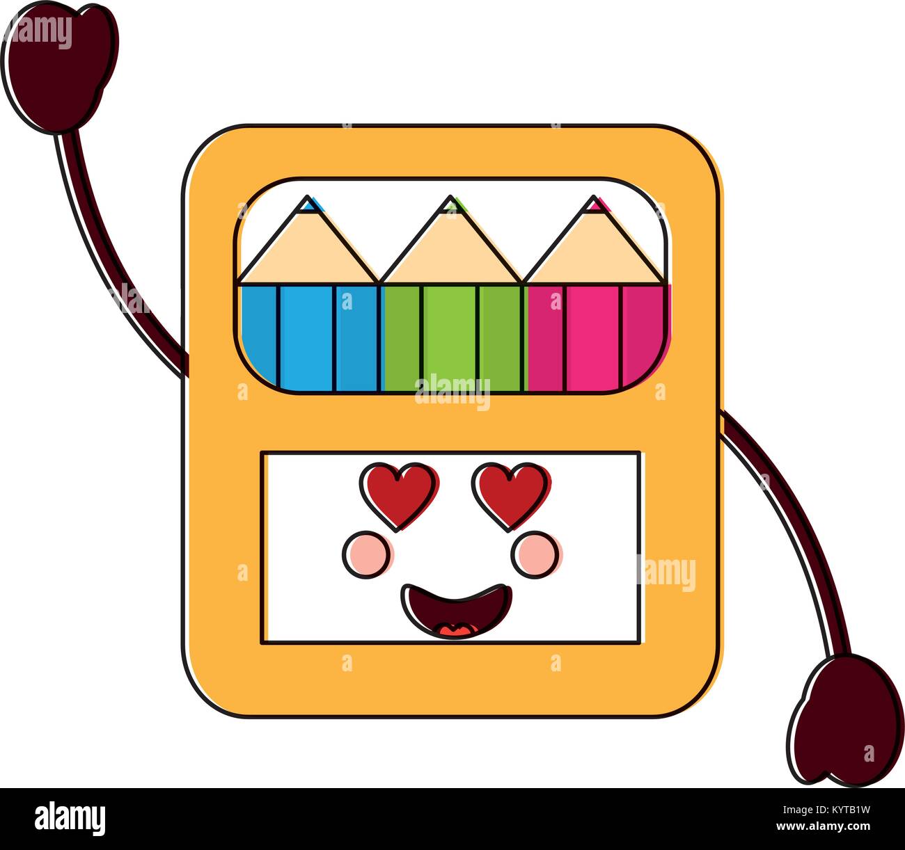 Buntstifte box Herz Augen Schulmaterial kawaii Symbol imag Stock Vektor