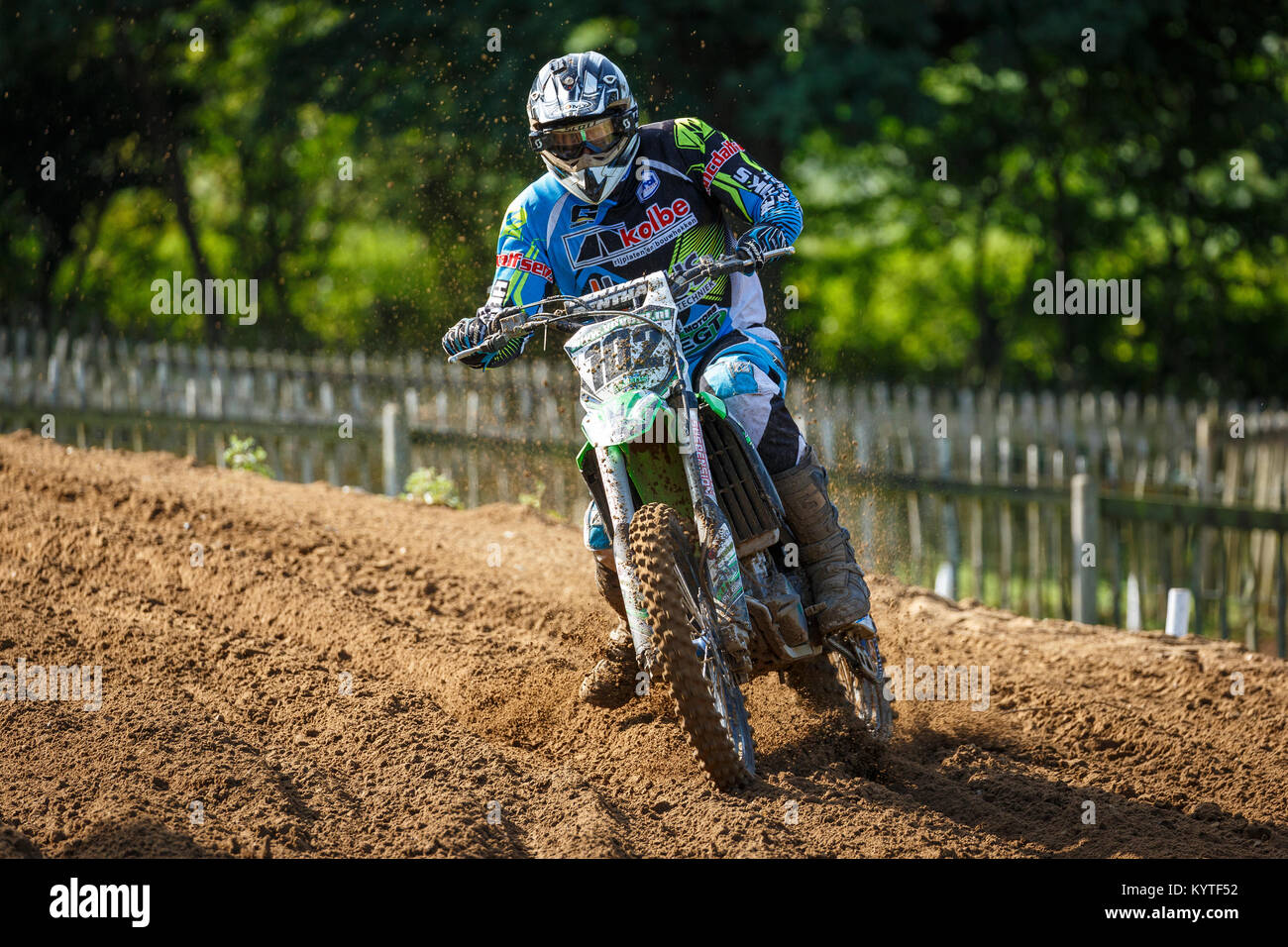 Alfons Hendriks auf der Kawasaki 250 am NGR und ACU östlichen EVO Meisterschaften, Cadders Hill, Lyng, Norfolk, Großbritannien. Stockfoto