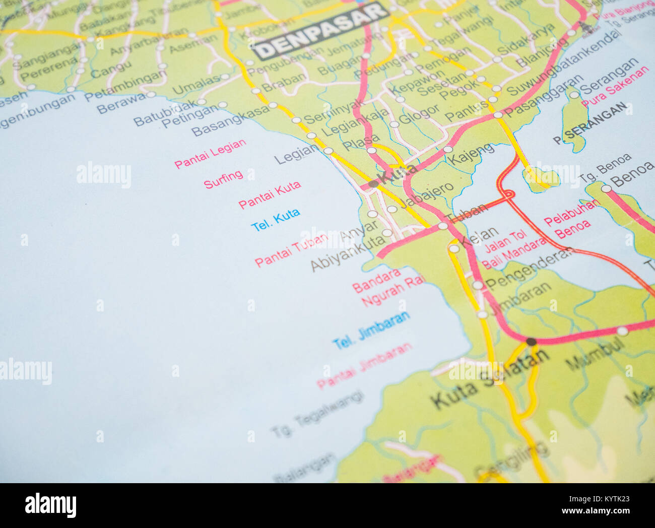 Bali reisen Karten mit beliebtes Ziel ist Strand von Tuban, Kuta Strand von Legian, Jimbaran Strand Stockfoto