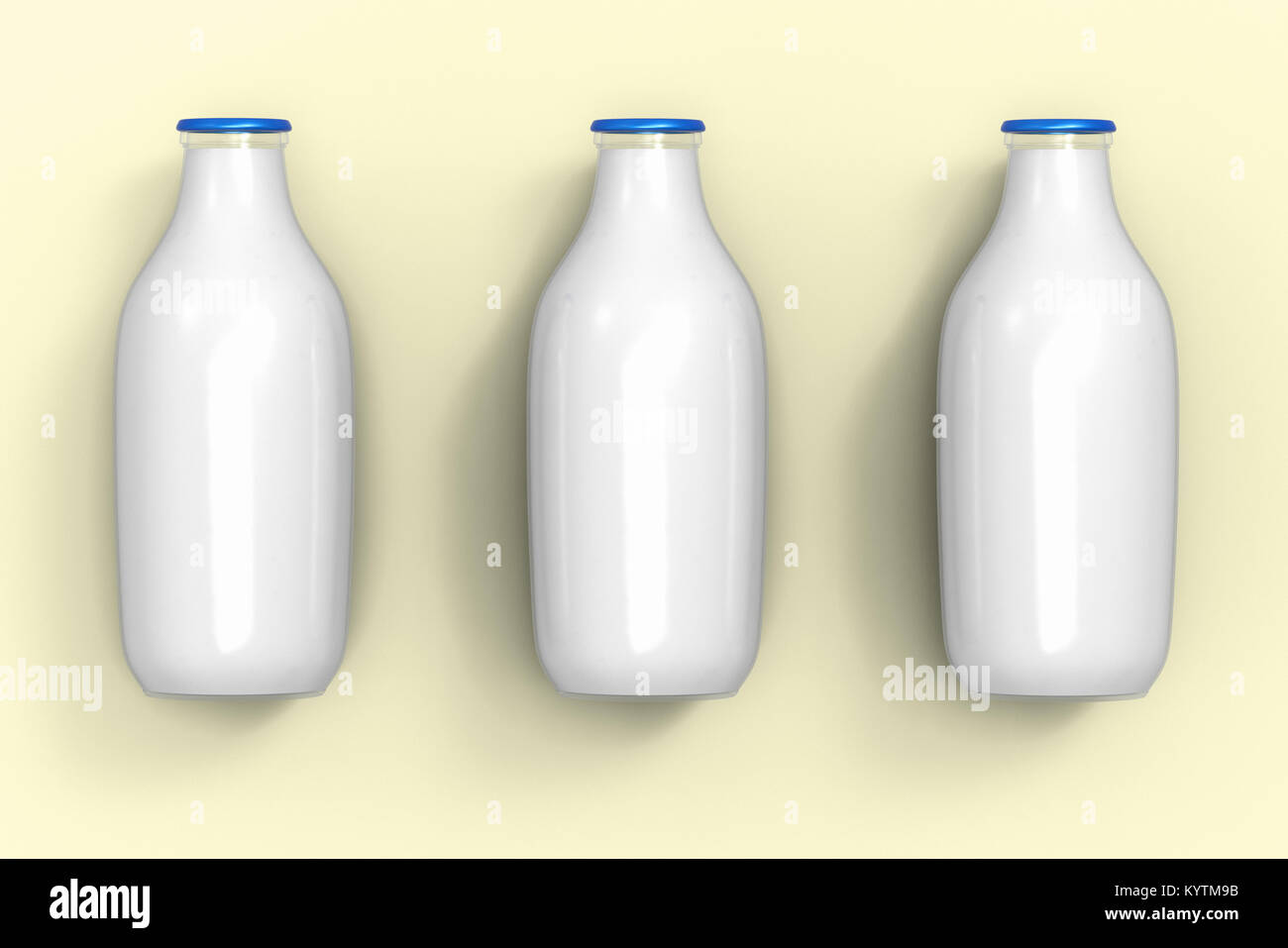 3D-Rendering von drei Milchflaschen auf einen einfachen gelben Hintergrund Stockfoto