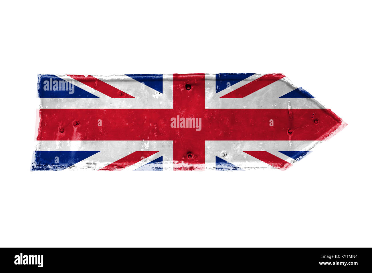 Vereinigtes Königreich (UK) Flagge übermalt Pfeil Form aus einer rostigen und grunge metal Eisenplatte mit Peeling Beschichtung und Kratzer Textur auf ein Wh isoliert Stockfoto