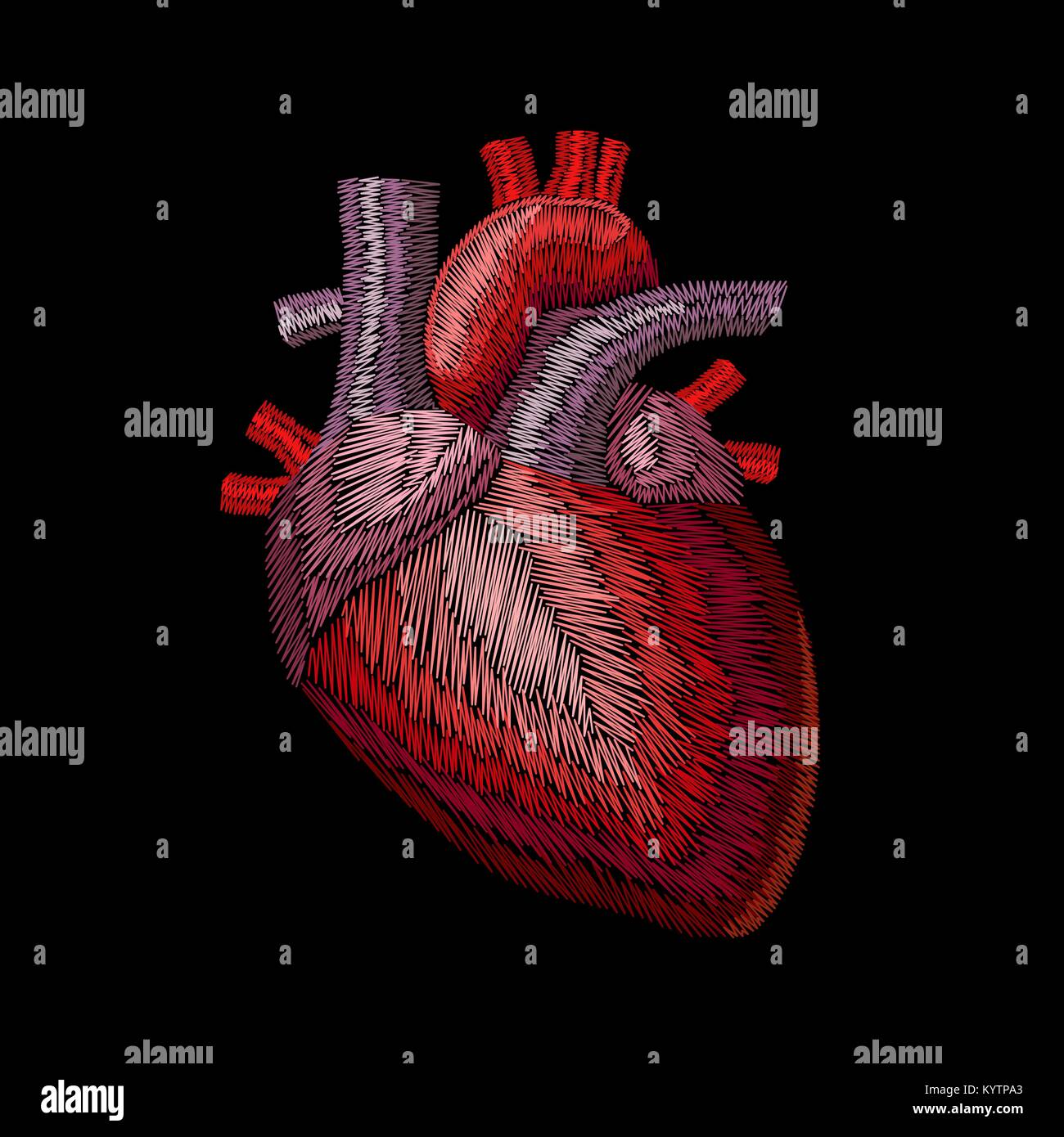 Crewel Stickerei menschlichen anatomischen Herzmedizin Orgel. Red stitch bestickt design Textur detaillierte Patch. Mode Dekoration template Vector Illustration Stock Vektor