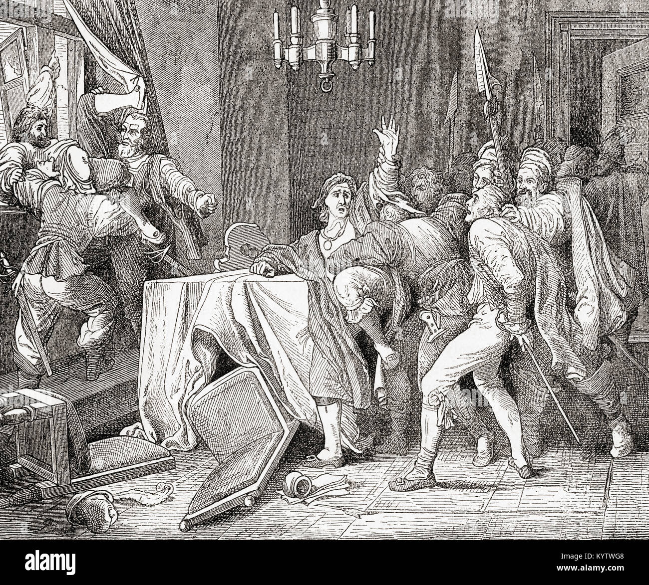 Jaroslav Bořita von Martinice und Vilém Slavata von Chlum vom Fenster des Palastes in Prag während der Fenstersturz in Prag im Jahre 1618 geworfen. Jaroslav Bořita z Martinic, 1582 - 1649. Tschechische Adelige und ein Vertreter von Ferdinand II., Kaiser des Heiligen Römischen Reiches. Vilém Slavata z Chlumu eine Košumberka, 1572 - 1652. Der tschechischen Adligen. Von Station und Lock's illustrierte Geschichte der Welt, veröffentlicht C 1882. Stockfoto