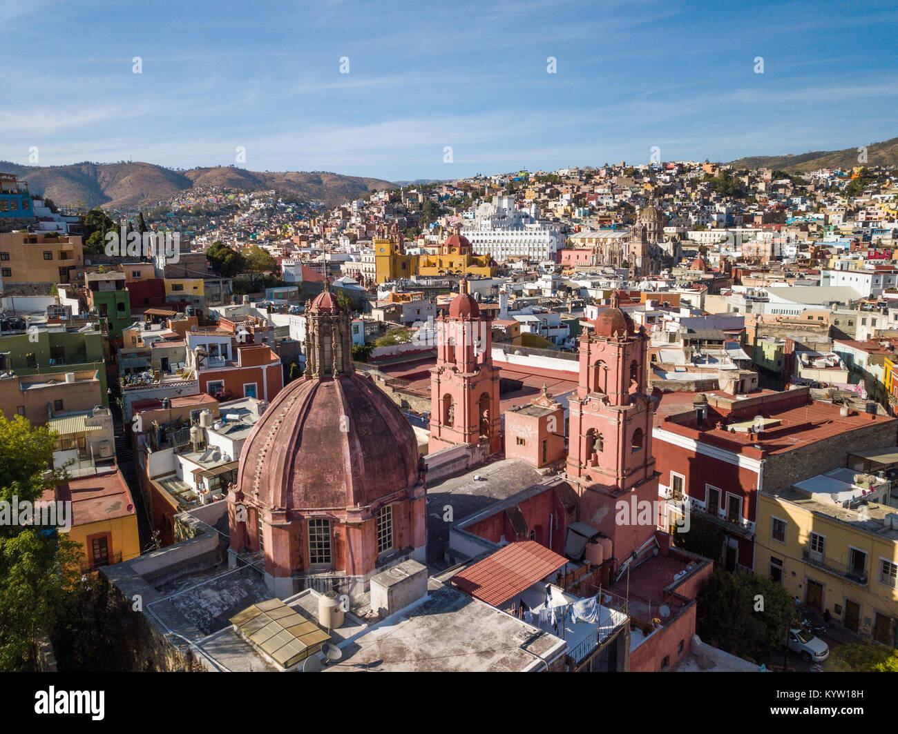 Luftaufnahme von San Diego Kirche und Centro Historico Guanajuato, Mexiko Stockfoto