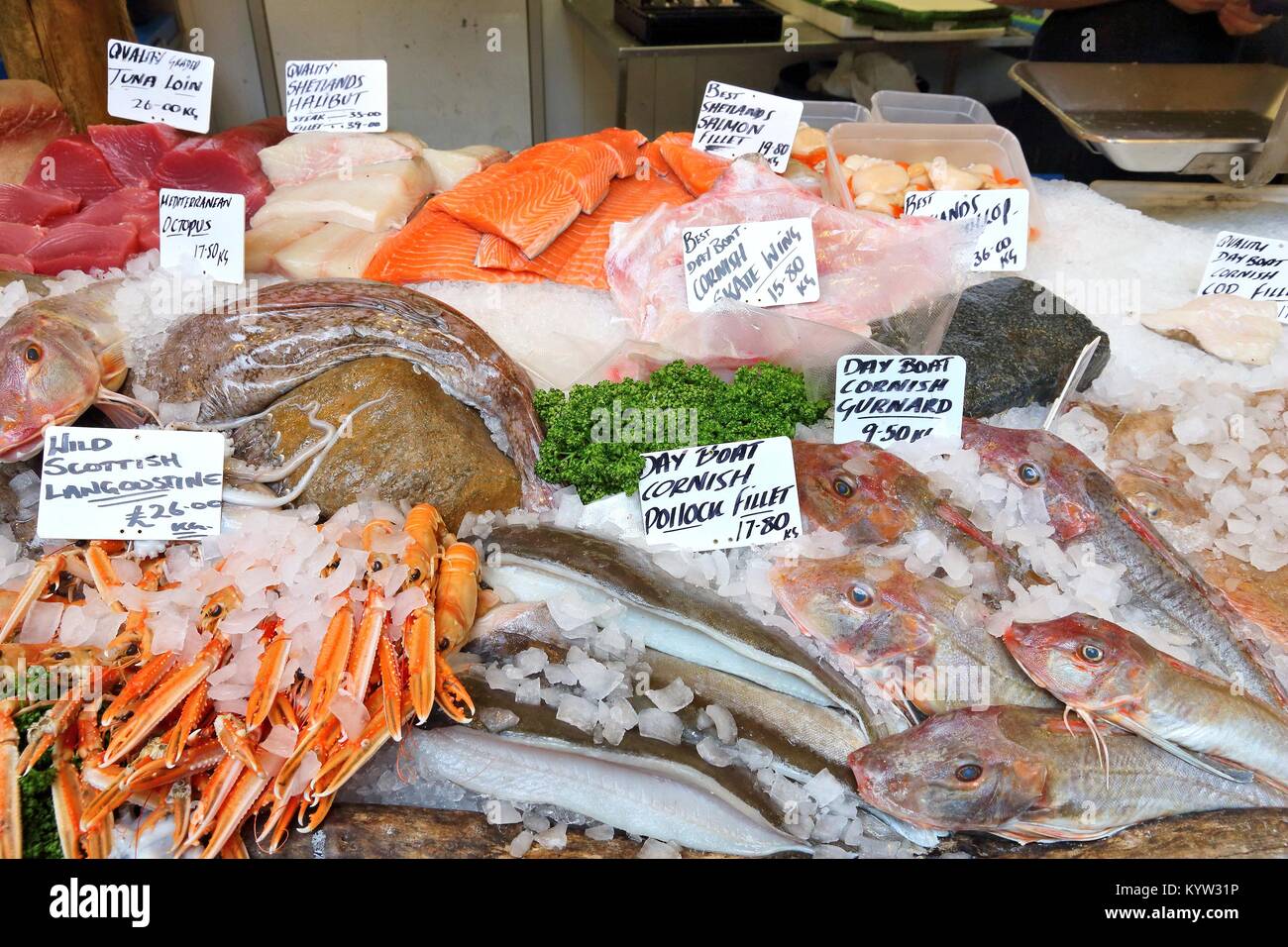 Sea Food bei London Borough Markt, Großbritannien. Stockfoto