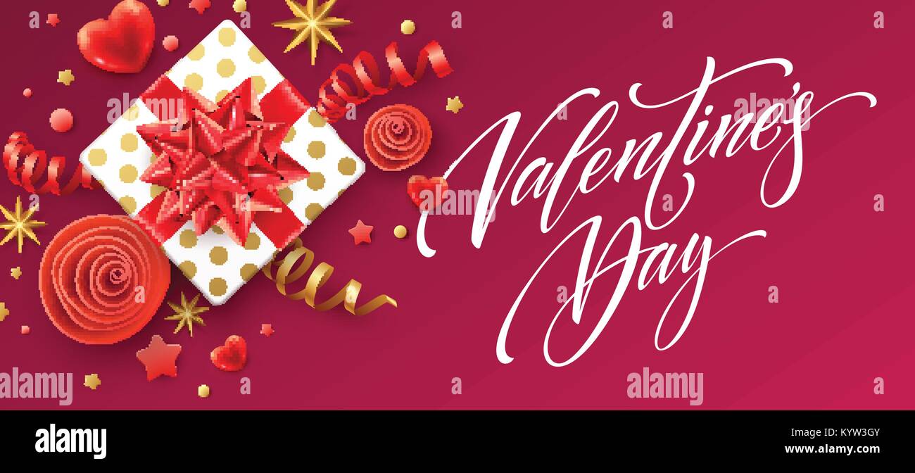 Hand gezeichnet Kalligraphie Schriftzug Happy Valentinstag. Farbe geschenkbox, Schleifen und Bänder. Vector Illustration Stock Vektor