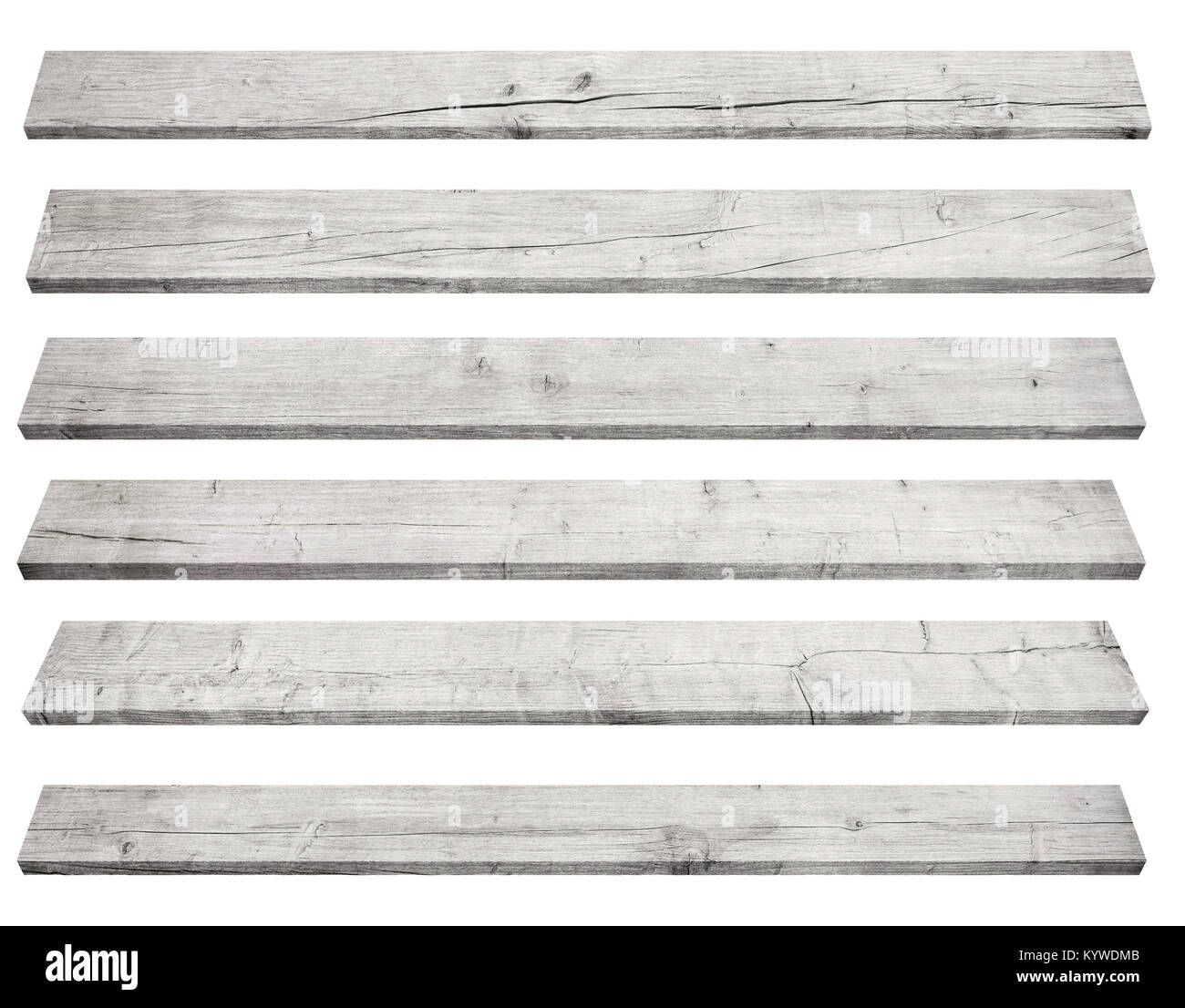 Alten grauen Perspektive Holzbohlen auf weißem Hintergrund Stockfoto
