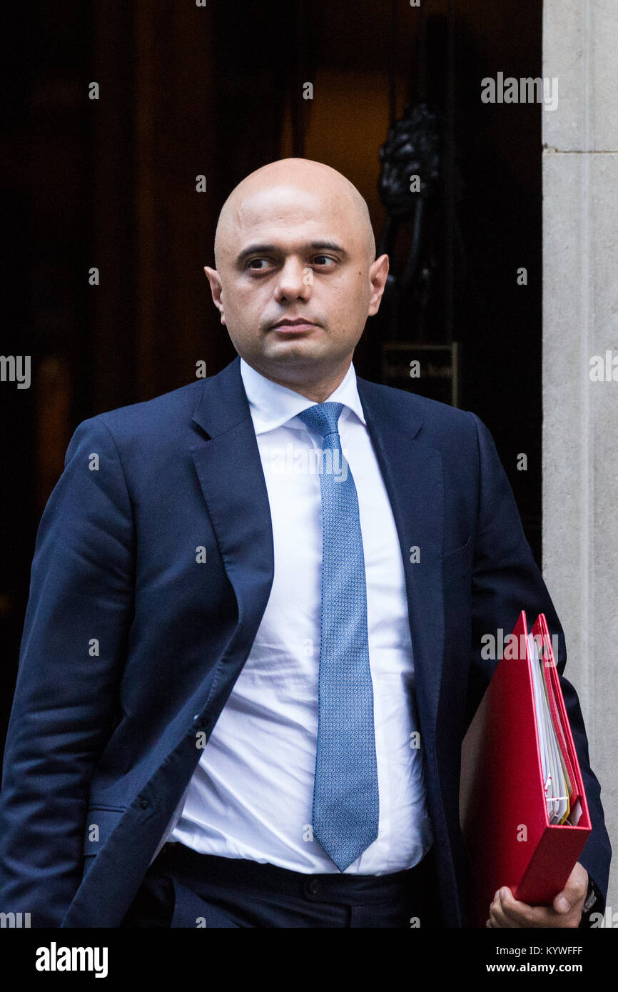 London, Großbritannien. 16 Jan, 2018. Sajid Javid MP, Staatssekretär für Wohnungswesen, Gemeinschaften und lokale Regierung, Blätter 10 Downing Street nach einer Kabinettssitzung. Themen erwartet erörtert worden zu sein gehören der Zusammenbruch der Carillion. Credit: Mark Kerrison/Alamy leben Nachrichten Stockfoto