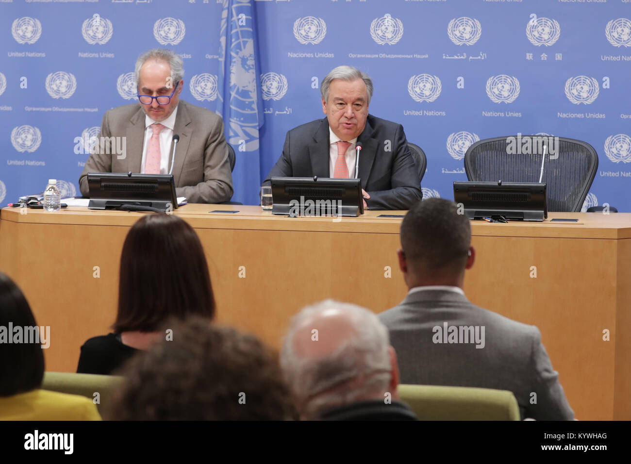 New York, NY, USA. 16 Jan, 2018. Vereinten Nationen, New York, USA, 16. Januar 2018 - Pressekonferenz vom Generalsekretär Antonio Guterres heute auf das UN-Hauptquartier in New York auf seiner Agenda für 2018. Foto: Luiz Rampelotto/EuropaNewswire Credit: Luiz Rampelotto/ZUMA Draht/Alamy leben Nachrichten Stockfoto