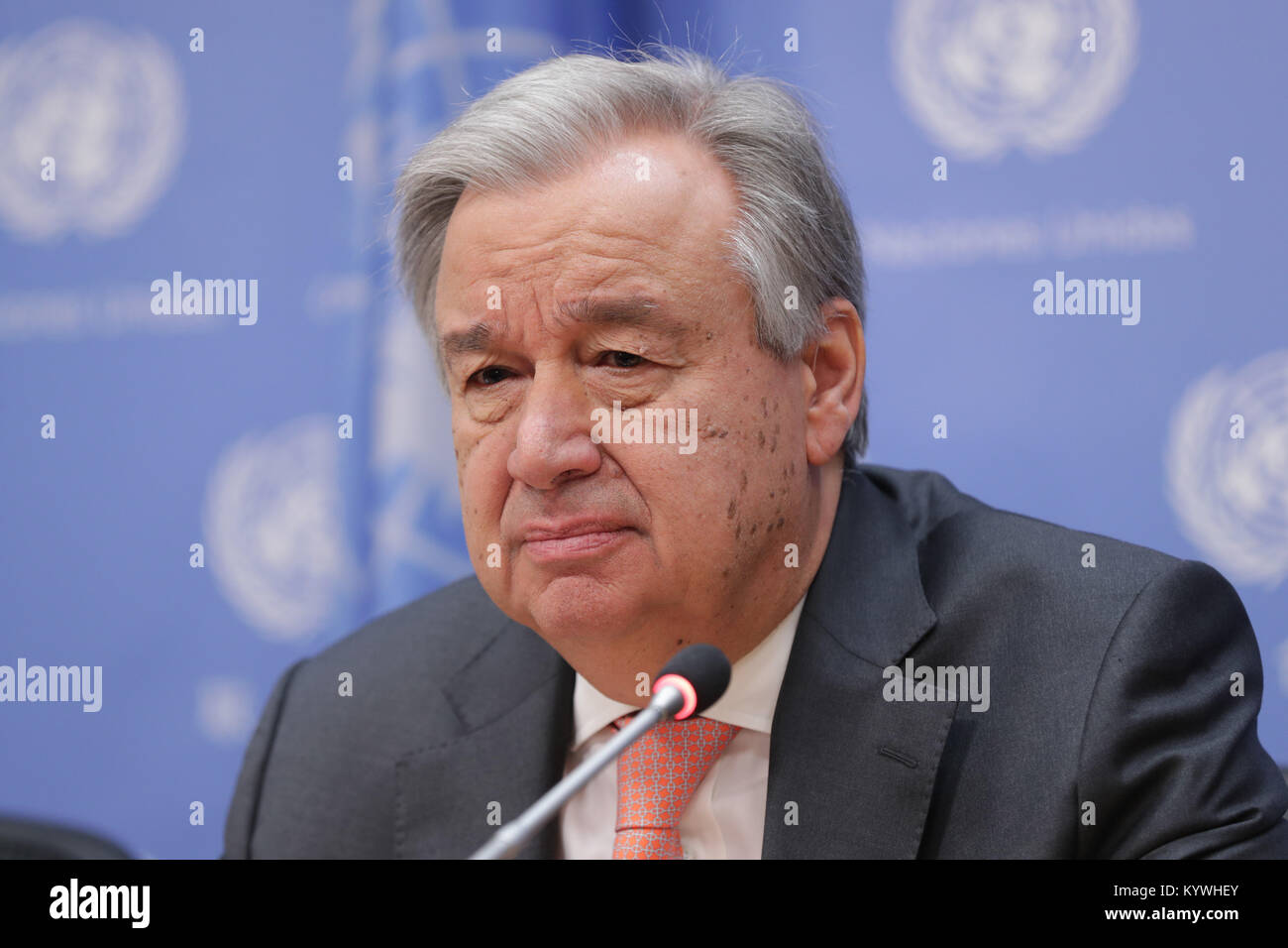 New York, NY, USA. 16 Jan, 2018. Vereinten Nationen, New York, USA, 16. Januar 2018 - Pressekonferenz vom Generalsekretär Antonio Guterres heute auf das UN-Hauptquartier in New York auf seiner Agenda für 2018. Foto: Luiz Rampelotto/EuropaNewswire Credit: Luiz Rampelotto/ZUMA Draht/Alamy leben Nachrichten Stockfoto