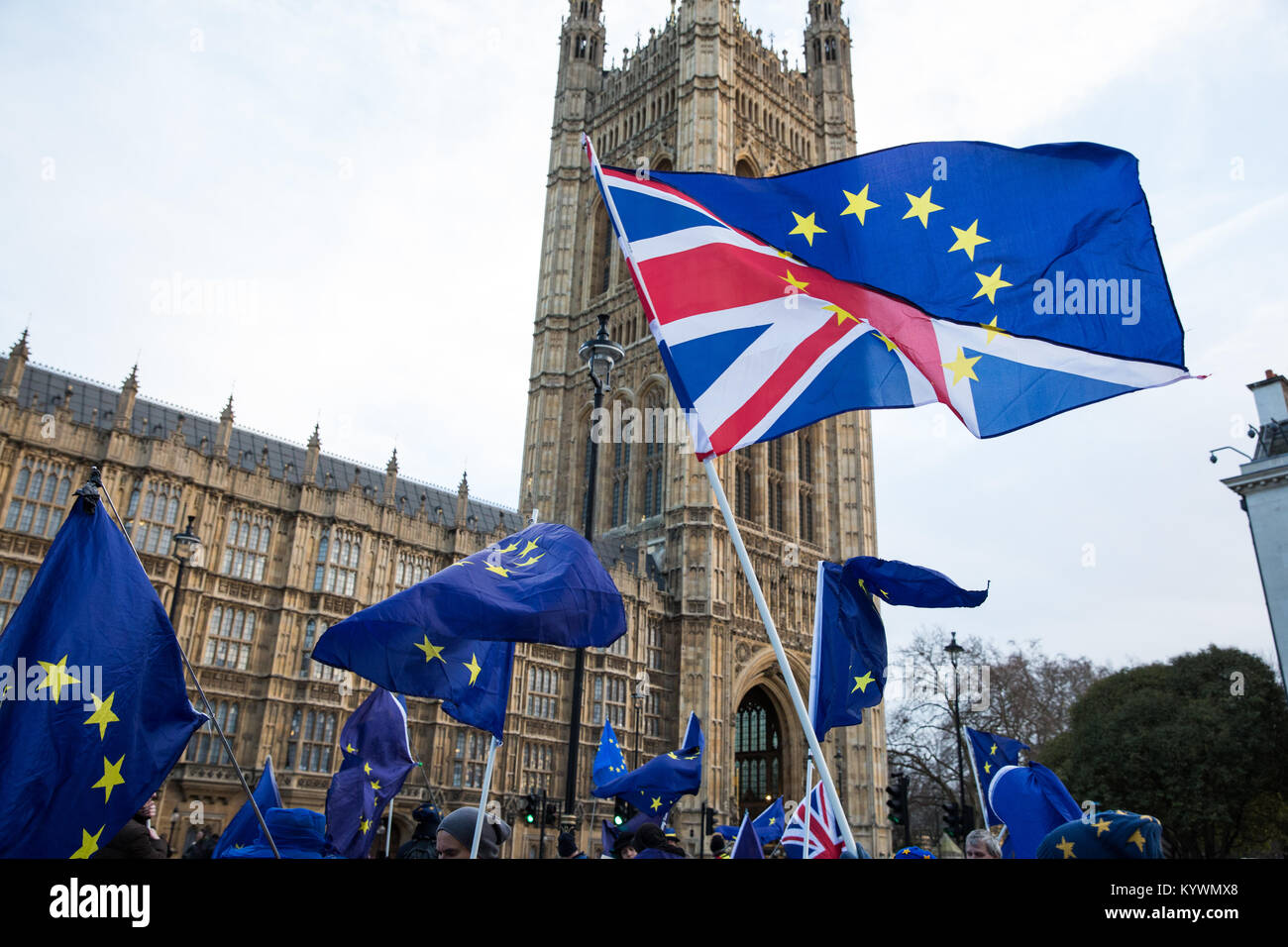 London, Großbritannien. 16 Jan, 2018. Anti-Brexit Demonstranten von Sodem wave Europäische Union Flaggen und Union Jacks während einem Tag der Tätigkeit außerhalb des Parlaments. Credit: Mark Kerrison/Alamy leben Nachrichten Stockfoto