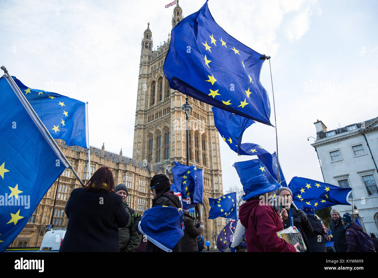 London, Großbritannien. 16 Jan, 2018. Anti-Brexit Demonstranten von Sodem wave Europäische Union Flaggen und Union Jacks während einem Tag der Tätigkeit außerhalb des Parlaments. Credit: Mark Kerrison/Alamy leben Nachrichten Stockfoto