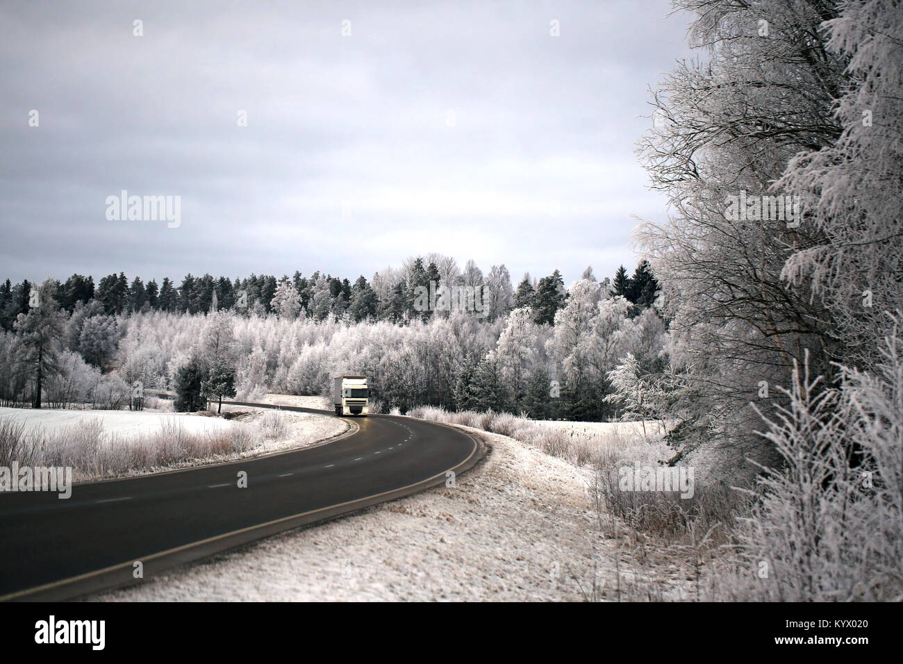 Winter Landschaft mit Milchglas Bäume und weisse Auflieger cargo Lkw auf der Autobahn. Stockfoto