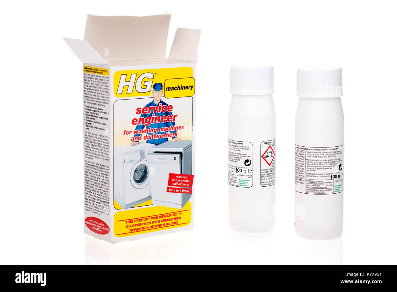 HG Maschinen service Flüssigkeit zum Schutz und zur Reinigung von Wasch- und Spülmaschinen Stockfoto