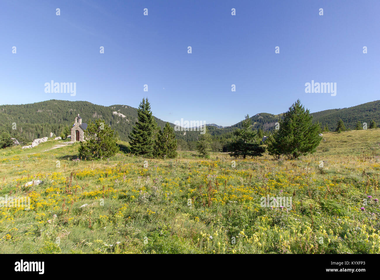Velebit mit St. Anthonys Kapelle und Pinienwälder Zavizan - Nord Velebit Nationalpark, Kroatien - August 2016. Stockfoto