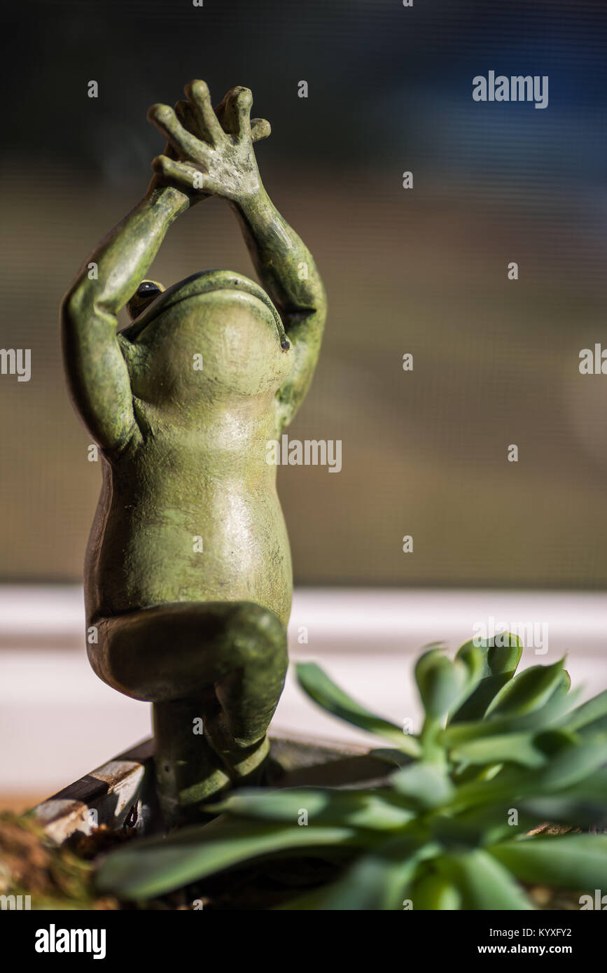 Yoga Frosch in die Baumhaltung. Figur Statue mit saftigen Haus im sonnigen Fenster. niedlich Grün kleine Objekt mit den Händen in der Luft lächelnd. Soft Focus. Stockfoto