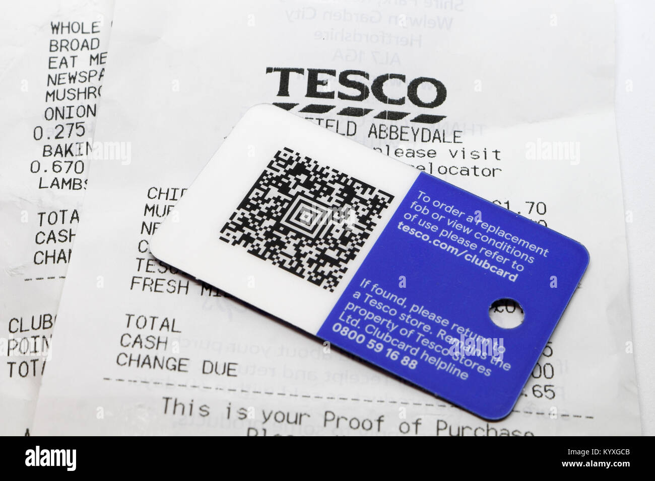 Tesco Clubkarte und Quittung, Treuekarte Stockfoto