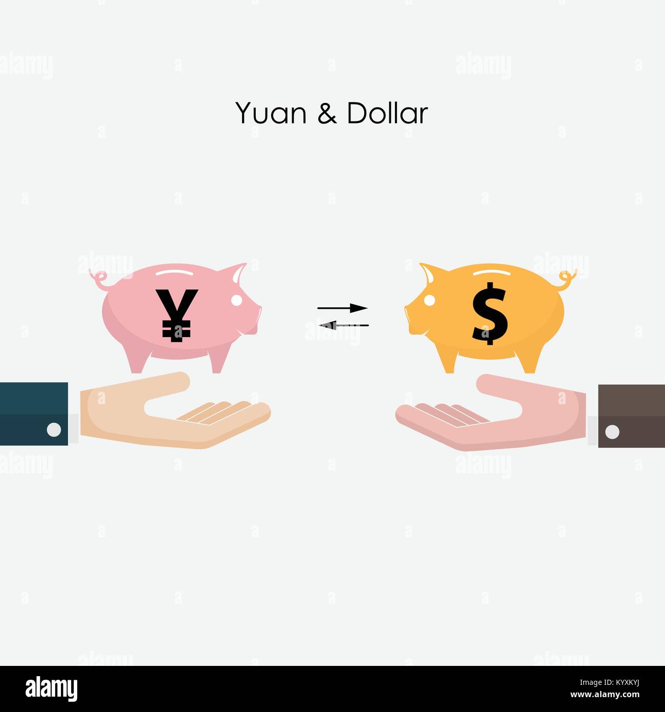 Die menschliche Hand mit US Dollar piggy Symbol und Yuan piggy unterzeichnen. Dollar und Yuan exchange Konzept. Kapitalinvestitionen unterzeichnen. Vector Illustration. Stock Vektor
