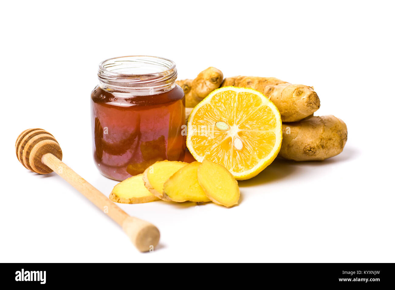 Glas mit Honig und Zitrone, gingers auf weißem Hintergrund. Stockfoto