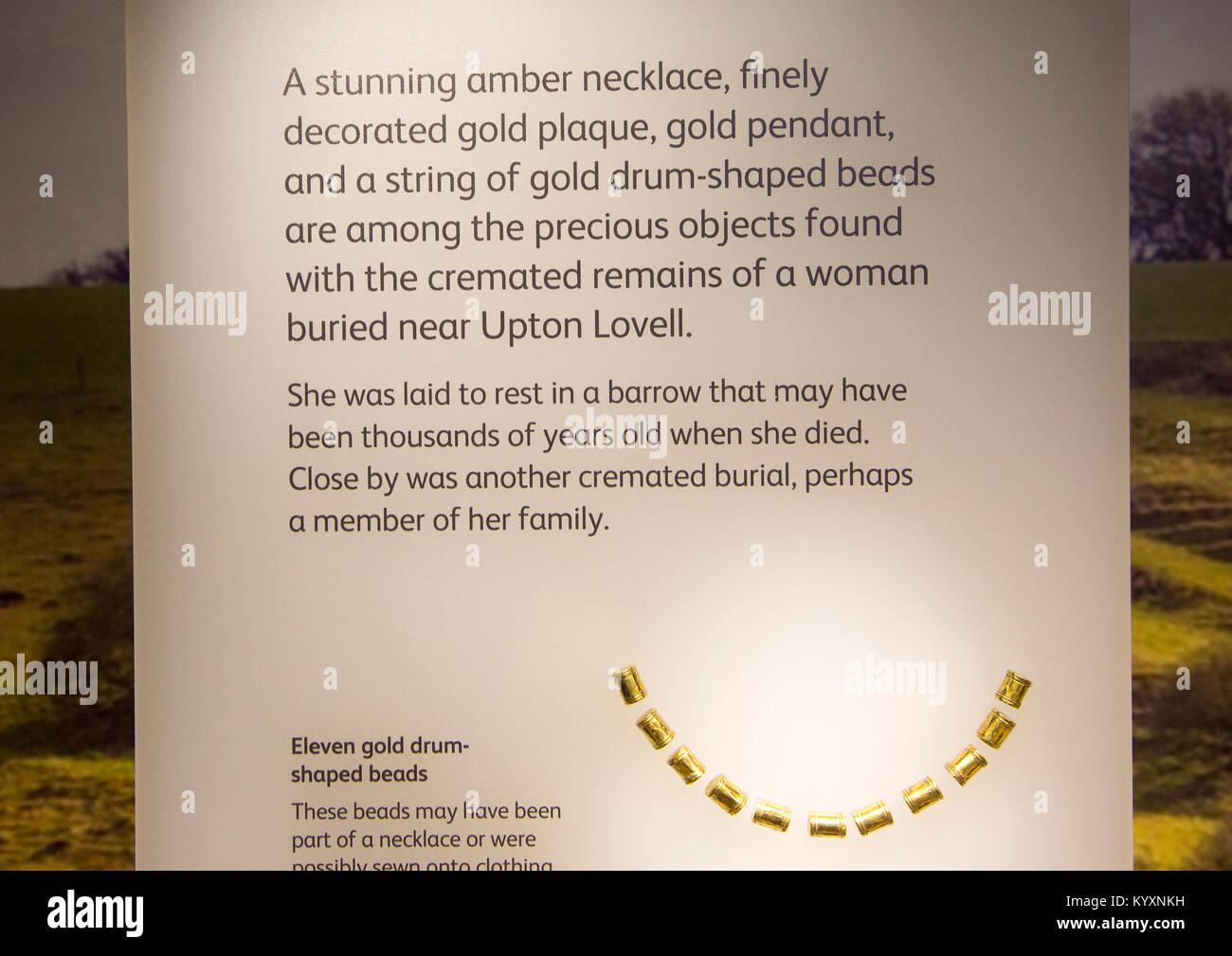 Informationen über Gold drum-förmige Halskette Perlen von Upton Lovell, mit der Erlaubnis von Wiltshire Museum, Devizes, England, Großbritannien Stockfoto