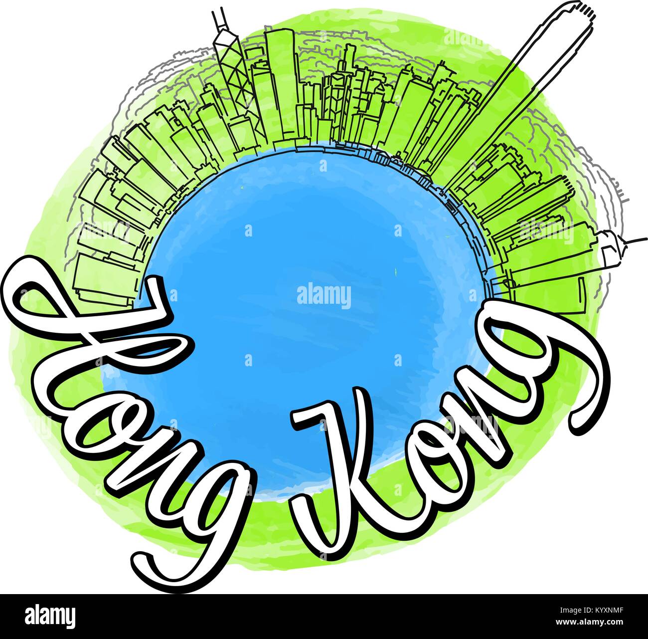 Hong Kong reisen Logo. Farbige skyline Vektor Skizze mit Typo. Stock Vektor