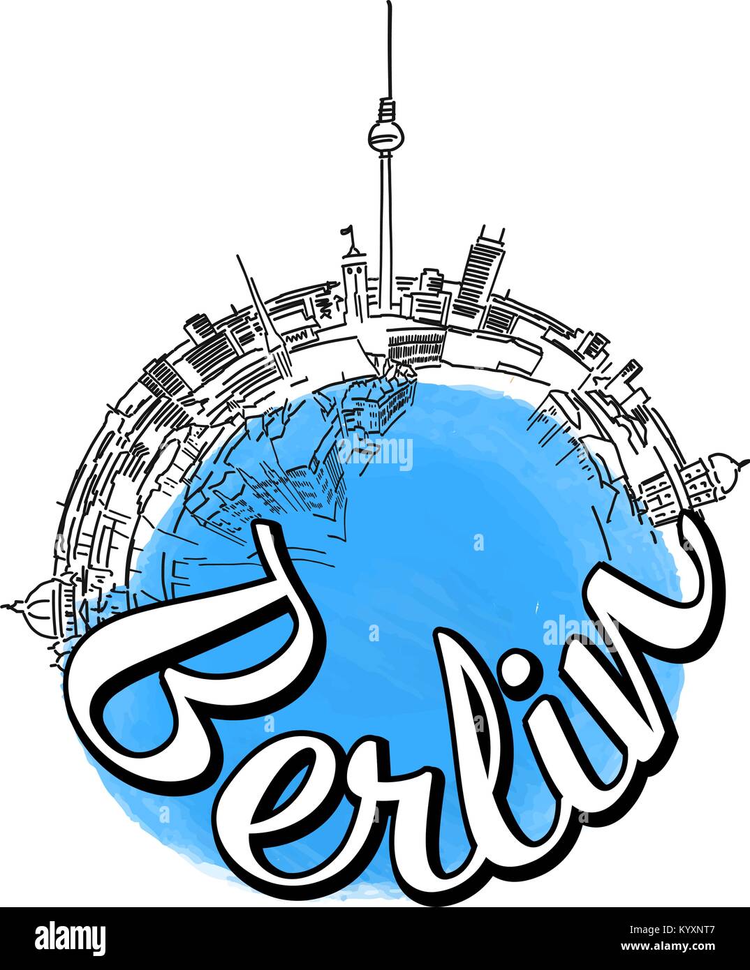 Berlin reisen logo Skizze. Farbige skyline Vector Illustration mit Aquarell Hintergrund und Typo. Stock Vektor