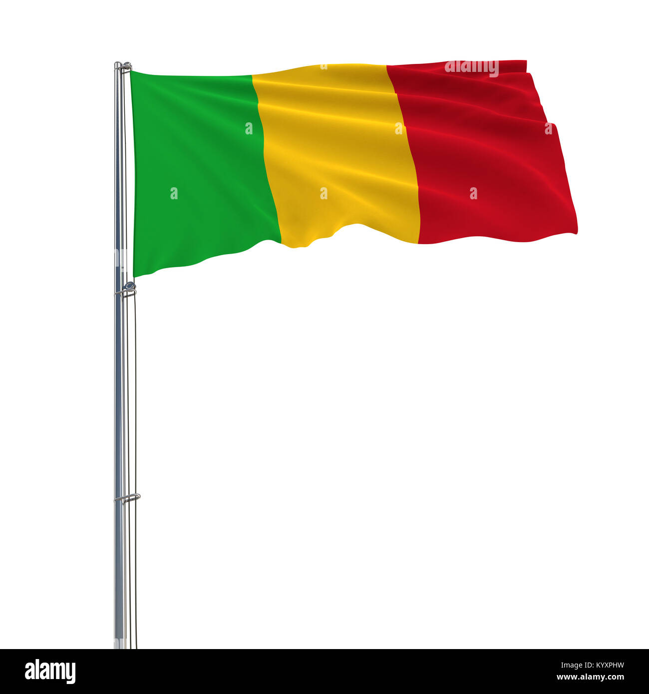 Isolieren Flagge von Mali auf einem Fahnenmast im Wind flattern auf einem weißen Hintergrund, 3D-Rendering Stockfoto